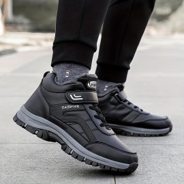 Men's Water Repellent Snow Boots With Hook And Loop Fastener, Winter Thermal Shoes, Windproof Hiking Boots With Fuzzy Lining