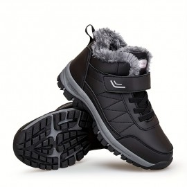 Men's Faux Leather Snow Boots, Warm Fleece Cozy Non-slip Ankle Boots Plush Comfy Outdoor Hiking Shoes Fur Lined Trekking Shoes, Winter