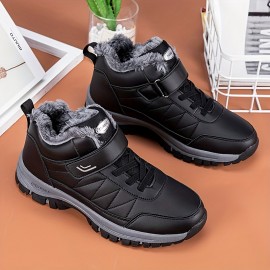 Men's Faux Leather Snow Boots, Warm Fleece Cozy Non-slip Ankle Boots Plush Comfy Outdoor Hiking Shoes Fur Lined Trekking Shoes, Winter