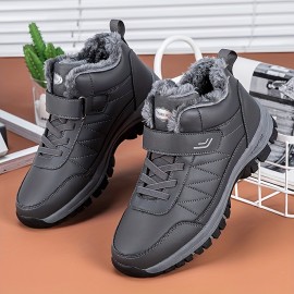 Men's Faux Leather Snow Boots, Warm Fleece Cozy Non-slip Ankle Boots Plush Comfy Outdoor Hiking Shoes Fur Lined Trekking Shoes, Winter