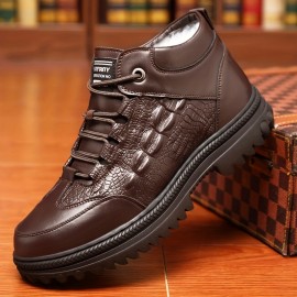 Men's Solid Color Winter Short Boots, Faux Leather Anti-skid Lace-up Boots With Fuzzy Lining For Outdoor