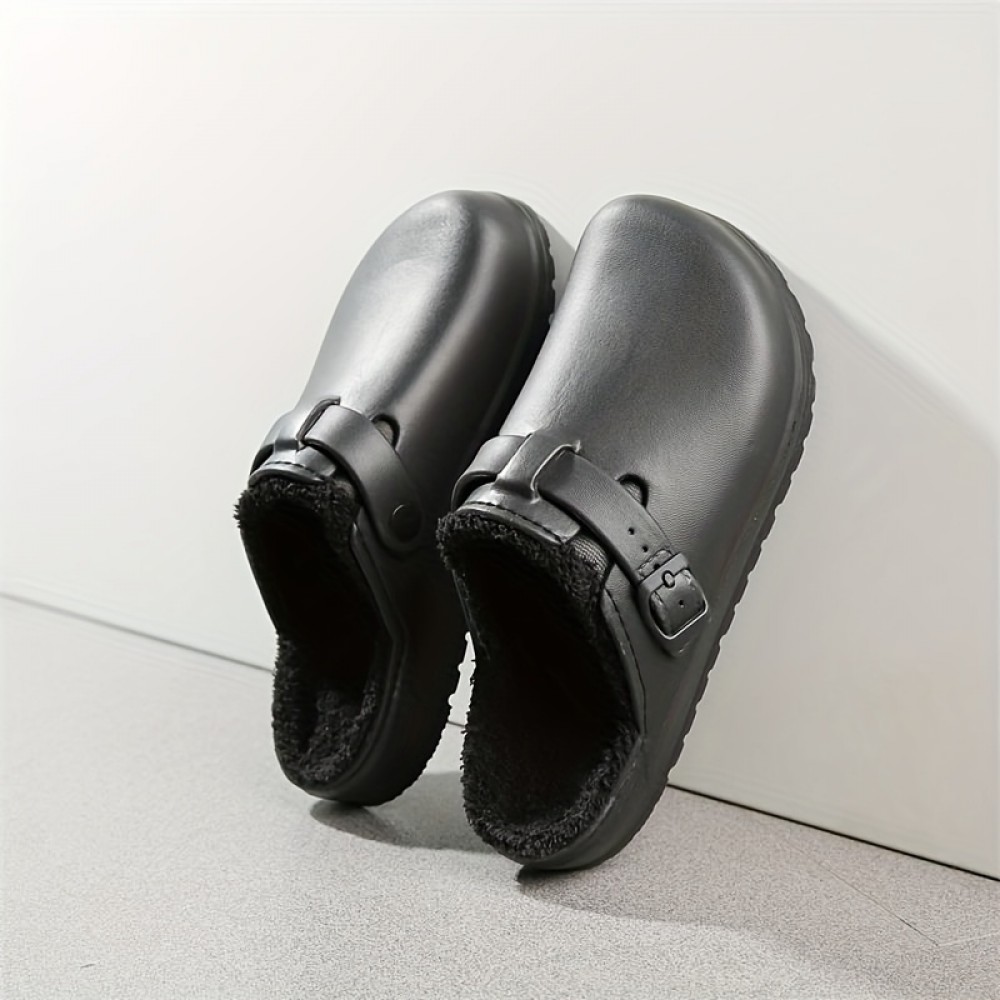 Men's Cozy EVA House Slippers, Waterproof Anti-skid Slip-on Shoes With Fuzzy Lining And Buckle Decor For Indoor Walking, Autumn And Winter