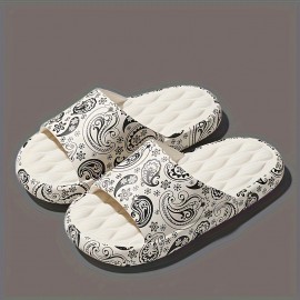 Men's Trendy Flower Print Slip On Platform Slides, Unisex Casual Open Toe Anti-skid Slippers For Indoor Outdoor Bathroom