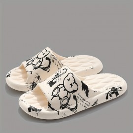 Men's Trendy Flower Print Slip On Platform Slides, Unisex Casual Open Toe Anti-skid Slippers For Indoor Outdoor Bathroom