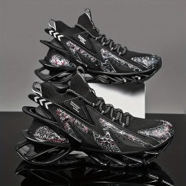 PLUS SIZE Men's Knit Breathable Blade Type Running Shoes With Shock Absorption, Comfy Non Slip Lace Up Sneakers For Men's Outdoor Activities