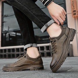 Men's Casual Faux Leather Shoes, Breathable Anti-skid Low-top Lace-up Shoes For Outdoor, Spring And Autumn
