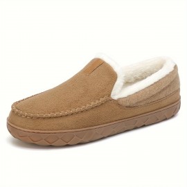 Men's Solid Color Fuzz Lines Loafers, Breathable Lightweight Anti-skid Slip On Casual Shoes With Suede Uppers For Indoor Walking, Autumn And Winter