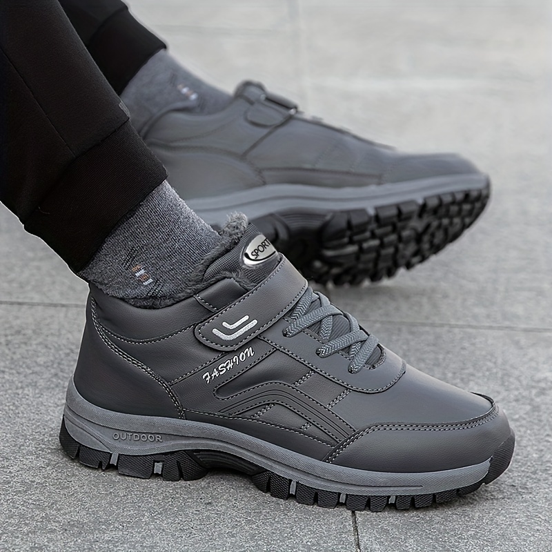 mens water repellent snow boots with hook and loop fastener winter thermal shoes windproof hiking boots with fuzzy lining details 8